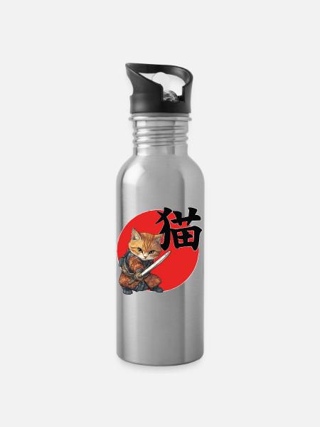 Samouraï félin Illustration Kanji - Gourde avec paille intégrée - argent clair