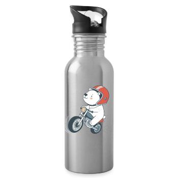 Cartoonish Biker Bear - Water bottle with straw - silver - Right