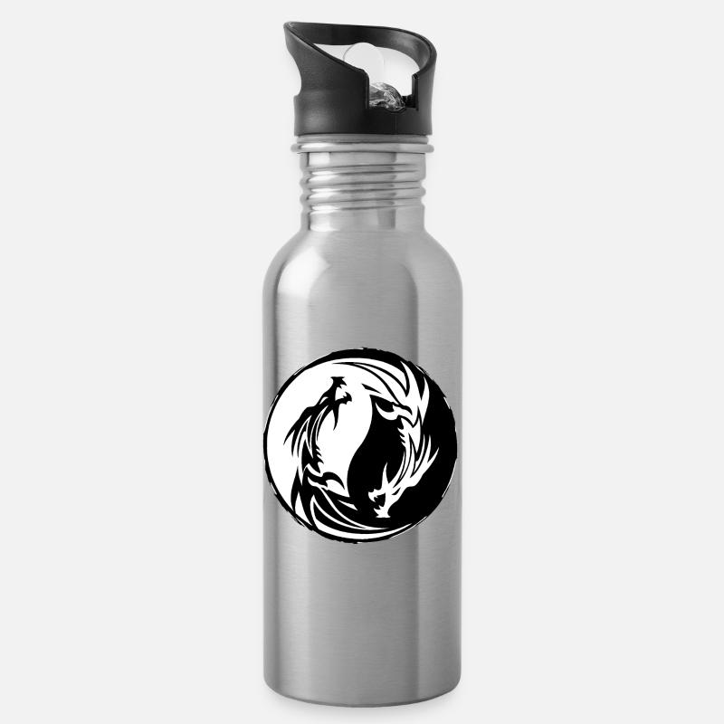 Drache Yin Yang - Trinkflasche mit integriertem Trinkhalm - Lightsilver