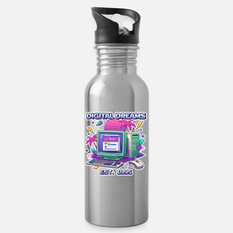 Digital Dreams 1995 – Vintage PC Design - Trinkflasche mit integriertem Trinkhalm - Lightsilver
