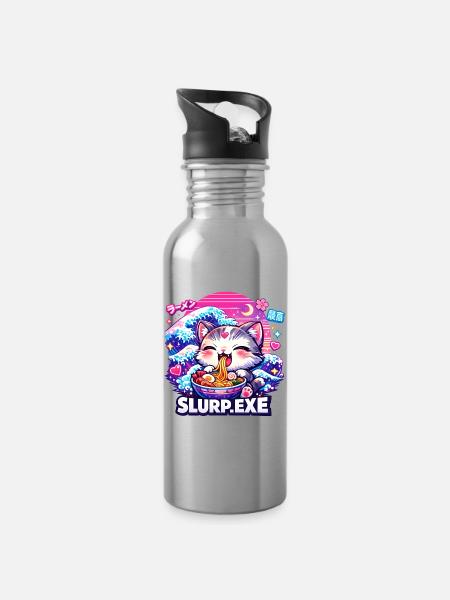Kawaii Katze Ramen Nudeln Anime Katze - Trinkflasche mit integriertem Trinkhalm - Lightsilver