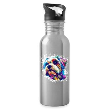 Hund Hundeporträt Pop-Art - Trinkflasche mit integriertem Trinkhalm - Lightsilver - Rechts