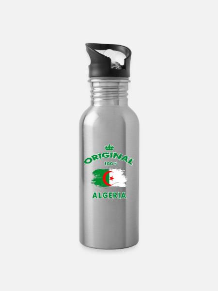 Algerien Original 100% / Geschenk Nationalflagge - Trinkflasche mit integriertem Trinkhalm - Lightsilver