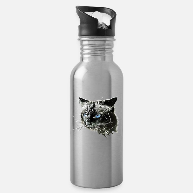 Katzenkopf mit blauen Augen – Monochrom - Trinkflasche mit integriertem Trinkhalm - Lightsilver