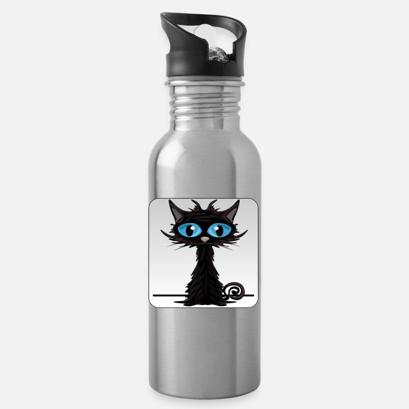 Schwarze Katze mit blauen Augen - Trinkflasche mit integriertem Trinkhalm - Lightsilver