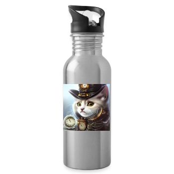 Chaton steampunk mignon - Gourde avec paille intégrée - argent clair - Droite