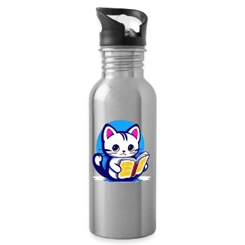 Katze liest ein Buch - Trinkflasche mit integriertem Trinkhalm - Lightsilver - Rechts