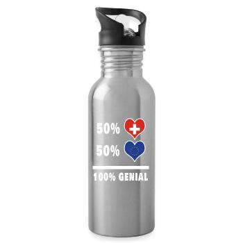 Europa und Schweiz 100% Genial Flagge - Trinkflasche mit integriertem Trinkhalm - Lightsilver - Rechts