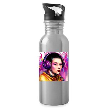 Neon Headphones Portrait Pop Art Style - Water bottle with straw - silver - Right