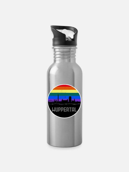Wuppertal Skyline Regenbogen - Trinkflasche mit integriertem Trinkhalm - Lightsilver