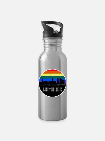 Hamburg Skyline Regenbogen - Trinkflasche mit integriertem Trinkhalm - Lightsilver