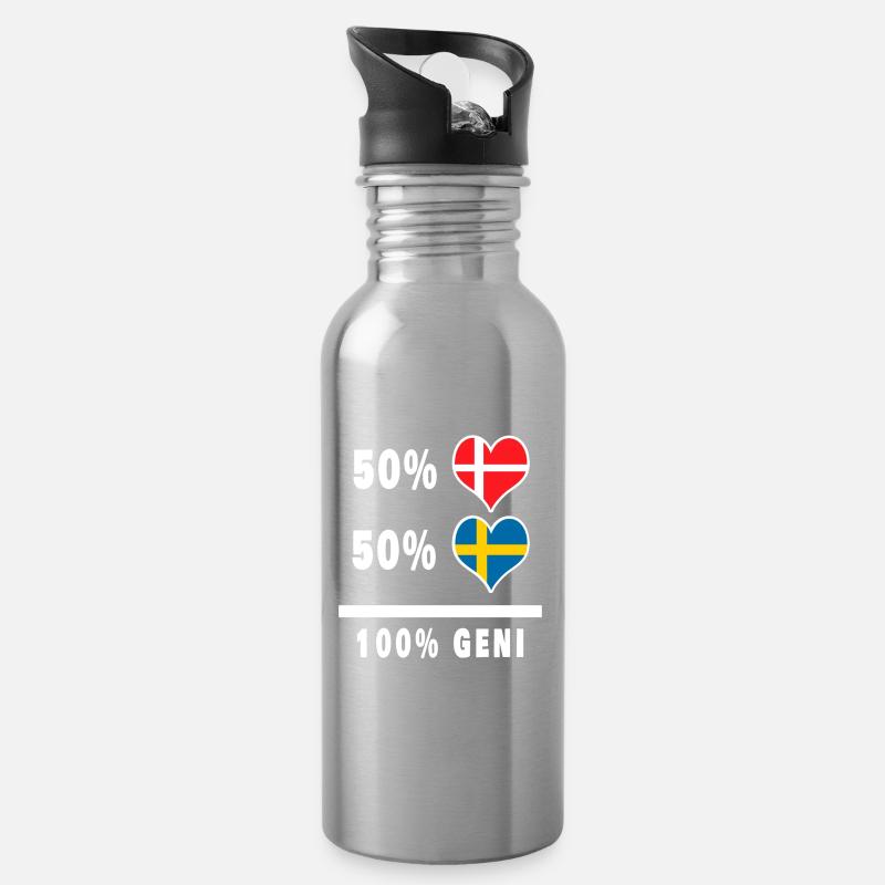 Schweden und Dänemark 100% geniale Flagge - Trinkflasche mit integriertem Trinkhalm - Lightsilver
