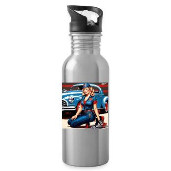 Pinup im Retrowagen Blau - Trinkflasche mit integriertem Trinkhalm - Lightsilver - Rechts