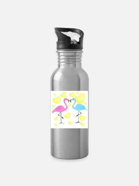 Verliebte Flamingos - Trinkflasche mit integriertem Trinkhalm - Lightsilver