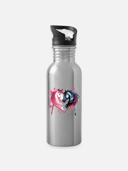 Pferdeköpfe in Herzform - Trinkflasche mit integriertem Trinkhalm - Lightsilver