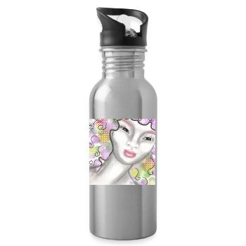 Kunstvolle Frauenportrait mit Pastellfarben - Trinkflasche mit integriertem Trinkhalm - Lightsilver - Rechts