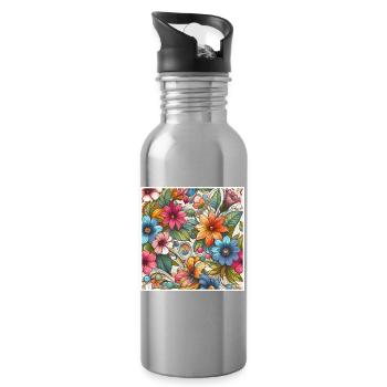 Fleurs végétal colorées - Gourde avec paille intégrée - argent clair - Droite