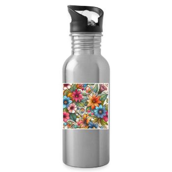 Fleurs végétal colorées - Gourde avec paille intégrée - argent clair - Droite