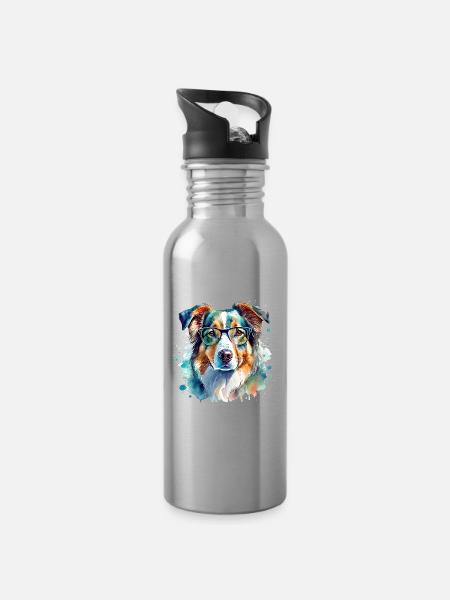 Australian Shepherd mit Brille Aquarell - Trinkflasche mit integriertem Trinkhalm - Lightsilver