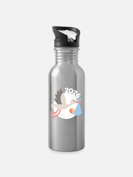 Cigogne avec bébé 2026 - Gourde avec paille intégrée - argent clair