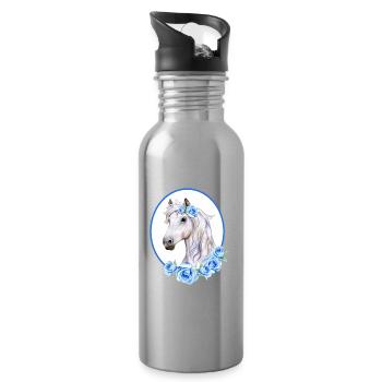 Romantic White Horse - Roses Light Blue - Water bottle with straw - silver - Right