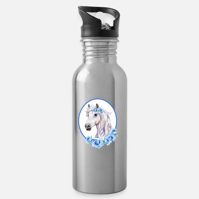 Cheval Blanc Romantique - Roses Bleu Clair - Gourde avec paille intégrée - argent clair