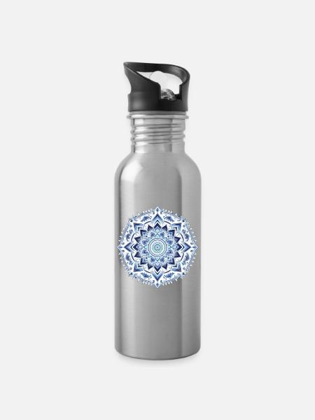 Blue Geometric Mandala - Water bottle with straw - silver