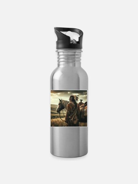 Amerikanische Ureinwohner - Trinkflasche mit integriertem Trinkhalm - Lightsilver