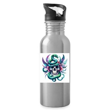 Aquarell Totenkopf und Schlange - Trinkflasche mit integriertem Trinkhalm - Lightsilver - Rechts