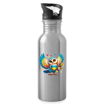 Cute Owl with Ukraine Heart - Water bottle with straw - silver - Right