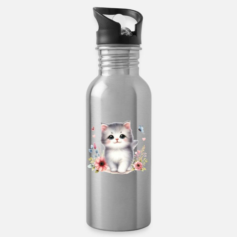 Süße Katze - Trinkflasche mit integriertem Trinkhalm - Lightsilver