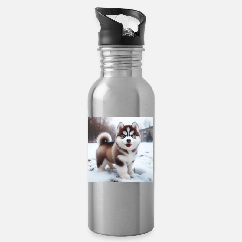 Chiot husky sibérien dans la neige - Gourde avec paille intégrée - argent clair