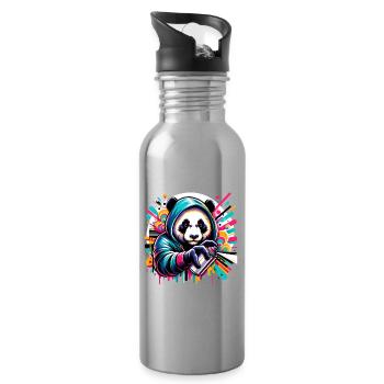 funny panda bear with graffiti and spray can - Water bottle with straw - silver - Right