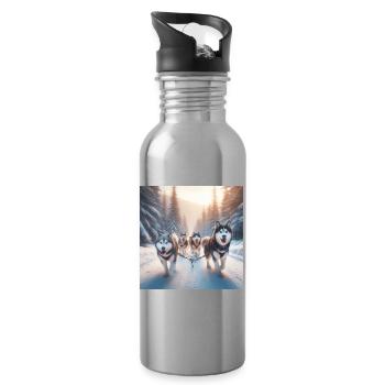 Huskys auf einem Schlitten - Trinkflasche mit integriertem Trinkhalm - Lightsilver - Rechts