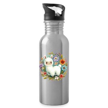 Floral with a little llama - Water bottle with straw - silver - Right