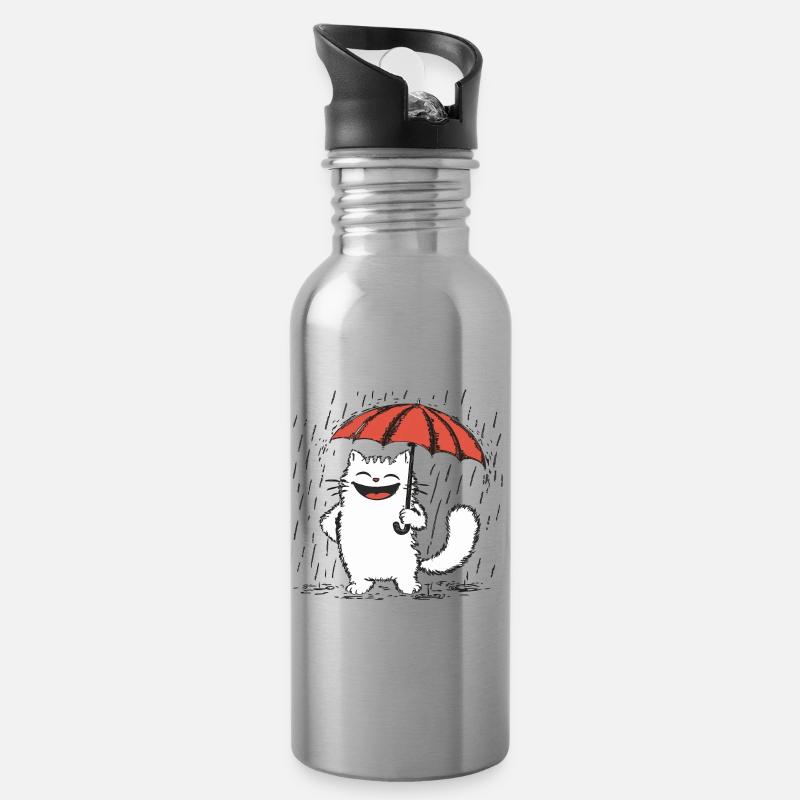 Glückliche Katze unter Regen - Trinkflasche mit integriertem Trinkhalm - Lightsilver