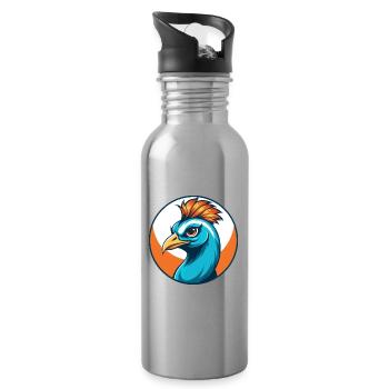 Peacock Cute Funny Kawaii Cartoon Animal Pet Logo - Water bottle with straw - silver - Right