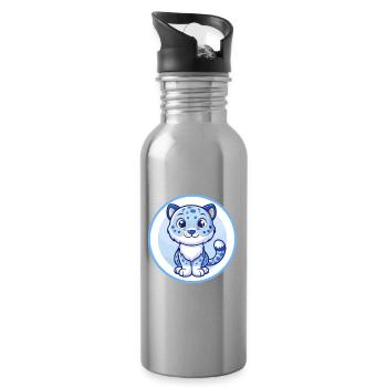 Amur Leopard Blue Kawaii Cartoon Character Clipart - Water bottle with straw - silver - Right