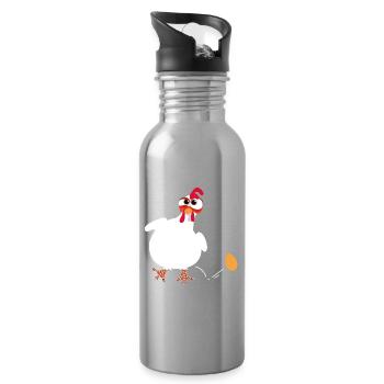 Weiße Henne legt ein Ei lustige Comic-Zeichnung - Trinkflasche mit integriertem Trinkhalm - Lightsilver - Rechts