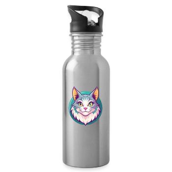 Américain Bobtail Chat Race Dessin Animé Kawaii Animal - Gourde avec paille intégrée - argent clair - Droite