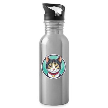 American Wirehair Cat Breed Cartoon Kawaii Animal - Water bottle with straw - silver - Right