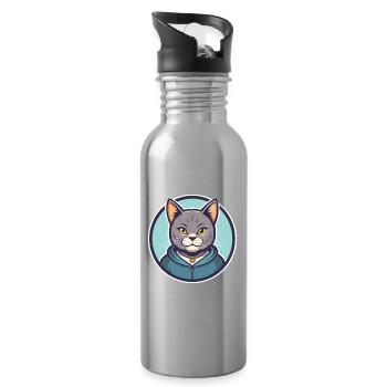 Chartreux Cat Breed Cartoon Kawaii Animal Pet - Water bottle with straw - silver - Right