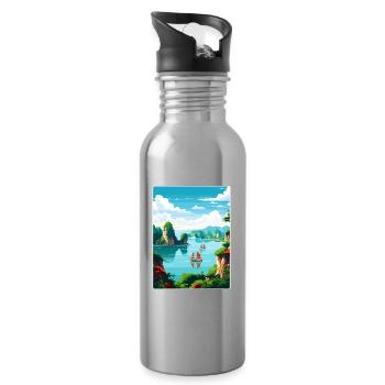 Ha Long Bay Vietnam Islands Travel Poster Souvenir - Water bottle with straw - silver - Right