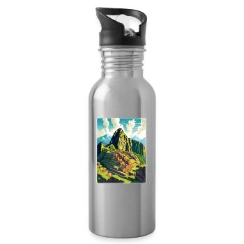 Machu Picchu Pérou Affiche de voyage Peinture Souvenir WPA - Gourde avec paille intégrée - argent clair - Droite