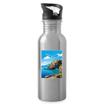 Cinque Terre Italy Patmos Travel Poster Souvenir - Water bottle with straw - silver - Right