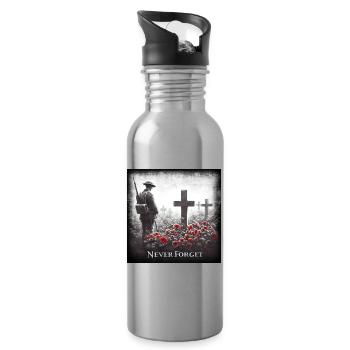 Never Forget World War Remembrance day. Poppy day - Water bottle with straw - silver - Right