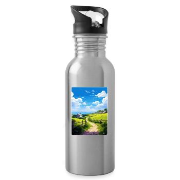 Lamorna Cornwall England Travel Poster Souvenir - Water bottle with straw - silver - Right