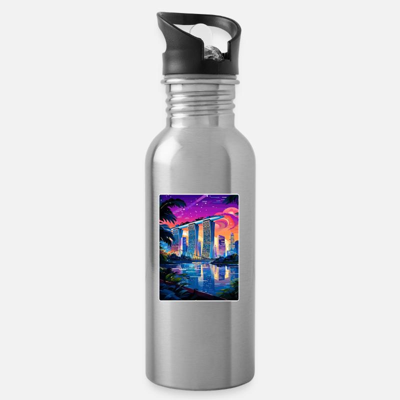 Marina Bay Sands Singapur Reiseposter Souvenir - Trinkflasche mit integriertem Trinkhalm - Lightsilver