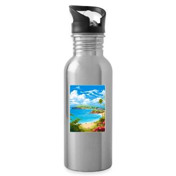 Antigua and Barbuda Caribbean Travel Poster Card - Water bottle with straw - silver - Right