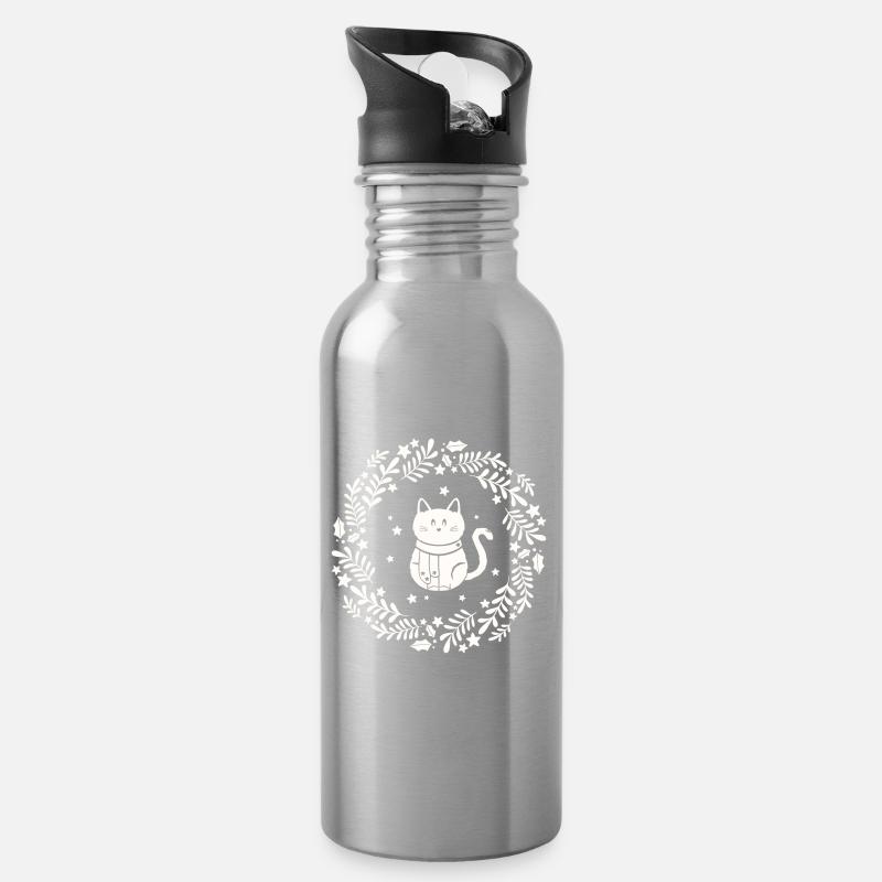 Weihnachtskranz mit süßer Katze - Trinkflasche mit integriertem Trinkhalm - Lightsilver
